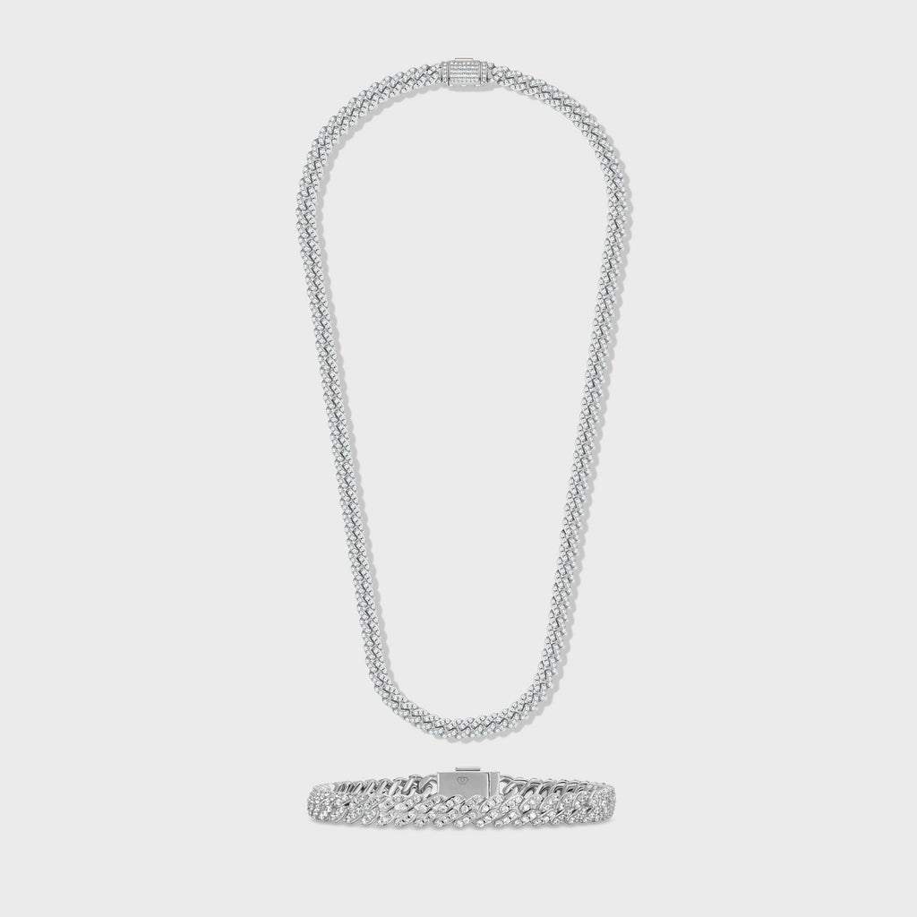 Women's Iced Cuban Chain + Bracelet (Silver) - 8mm