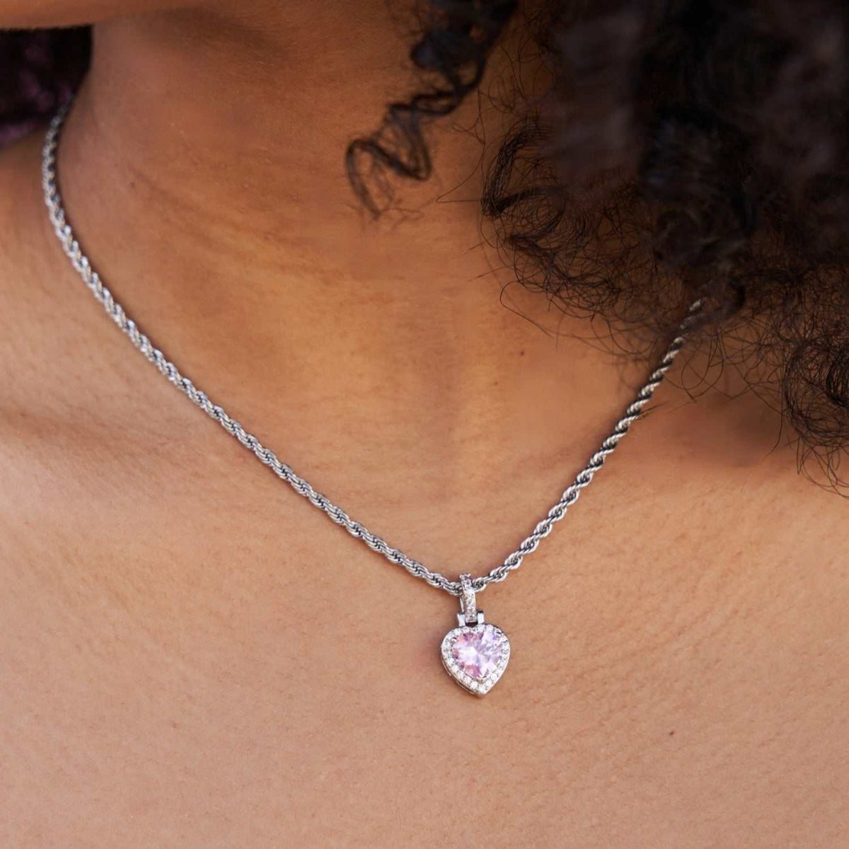 Micro Iced Pink Heart Pendant in White Gold