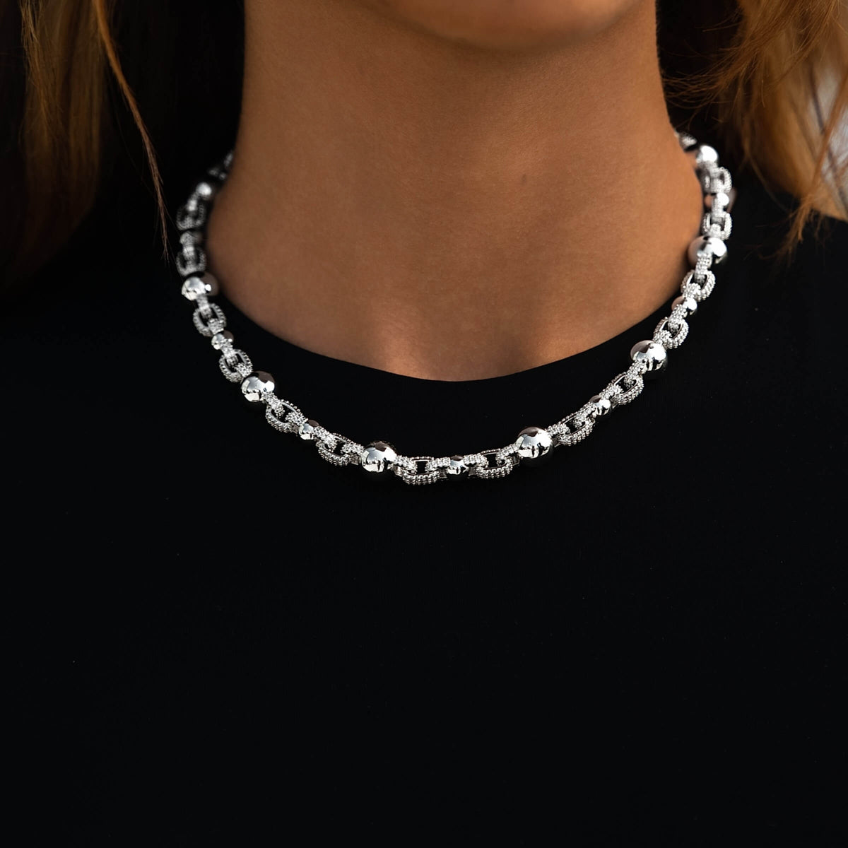 Iced Plain Multi Size Ball Chain Necklace in White Gold