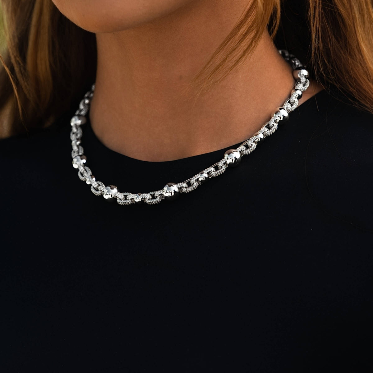 Iced Plain Multi Size Ball Chain Necklace in White Gold
