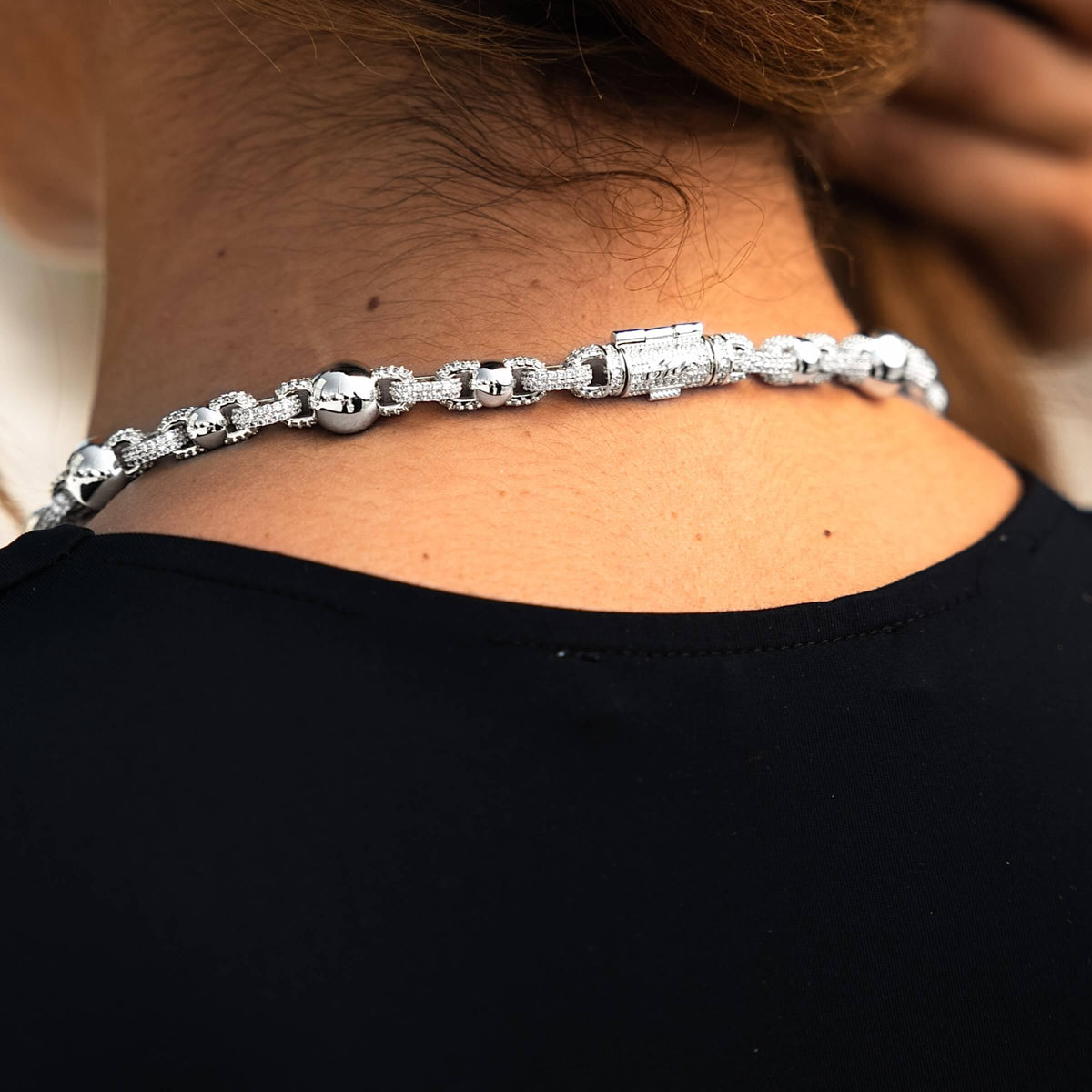 Iced Plain Multi Size Ball Chain Necklace in White Gold