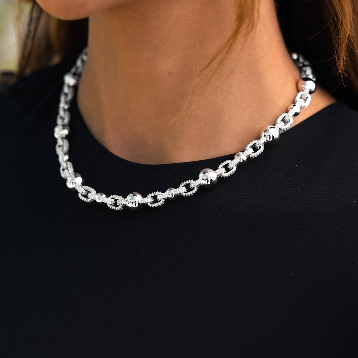 Iced Plain Multi Size Ball Chain Necklace in White Gold