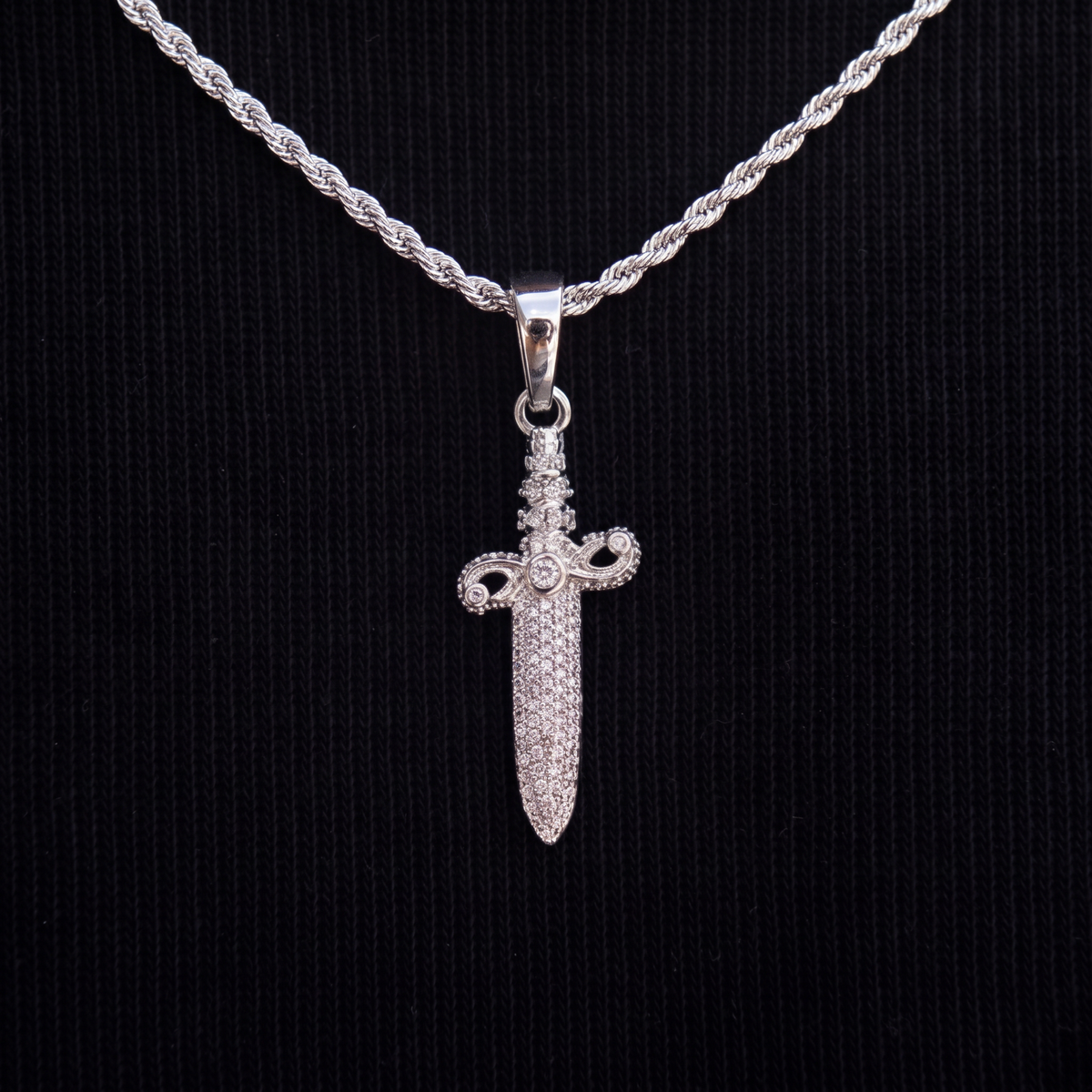 Iced Knife Pendant + 2mm Rope Chain Bundle in White Gold