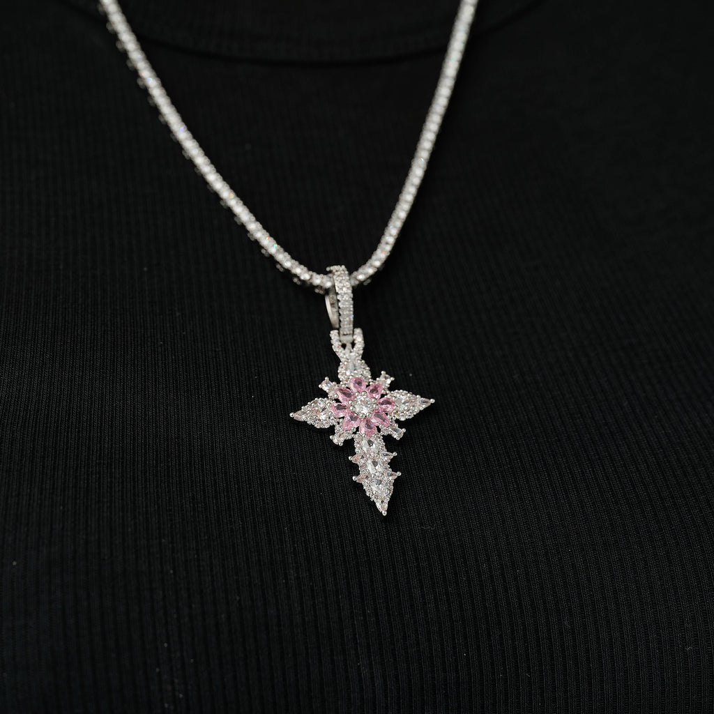 Iced Pink Flower Cross Pendant in White Gold