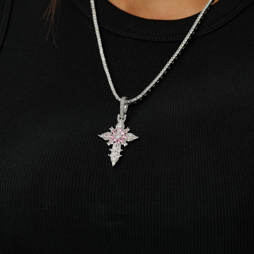 Iced Pink Flower Cross Pendant in White Gold
