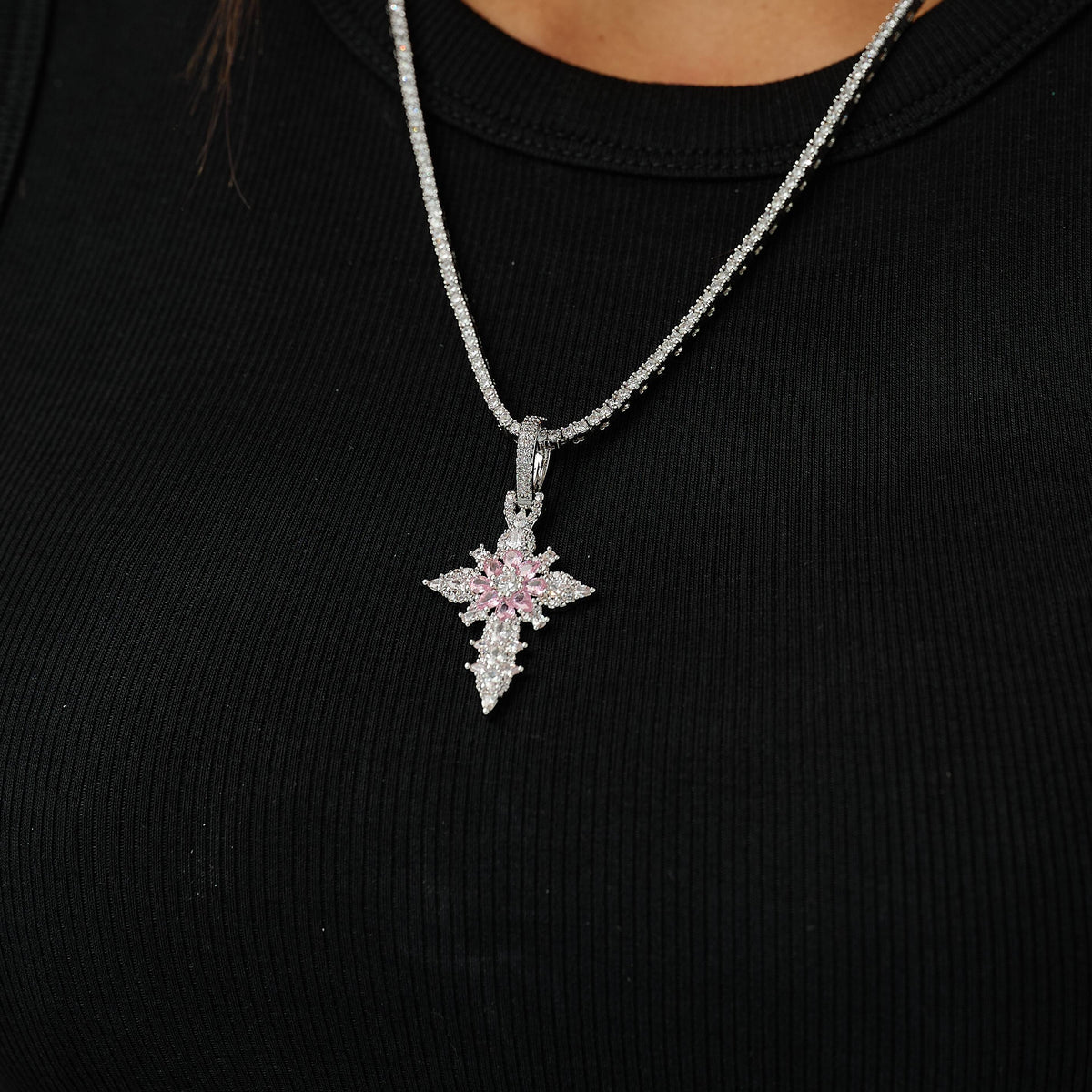 Iced Pink Flower Cross Pendant in White Gold