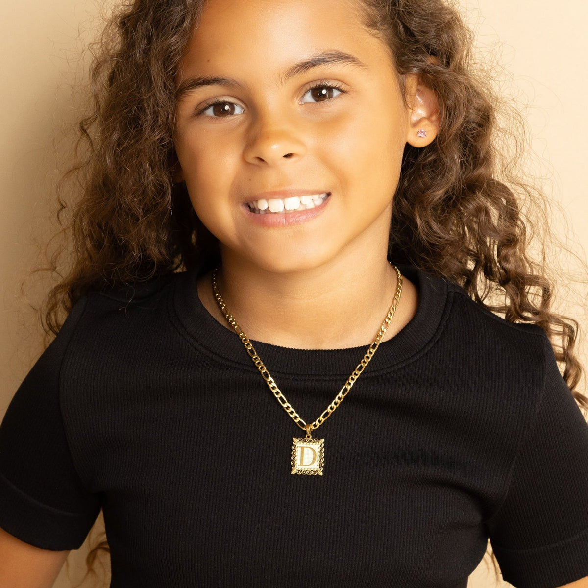 Kids Embossed Initial Necklace w/ Figaro Chain