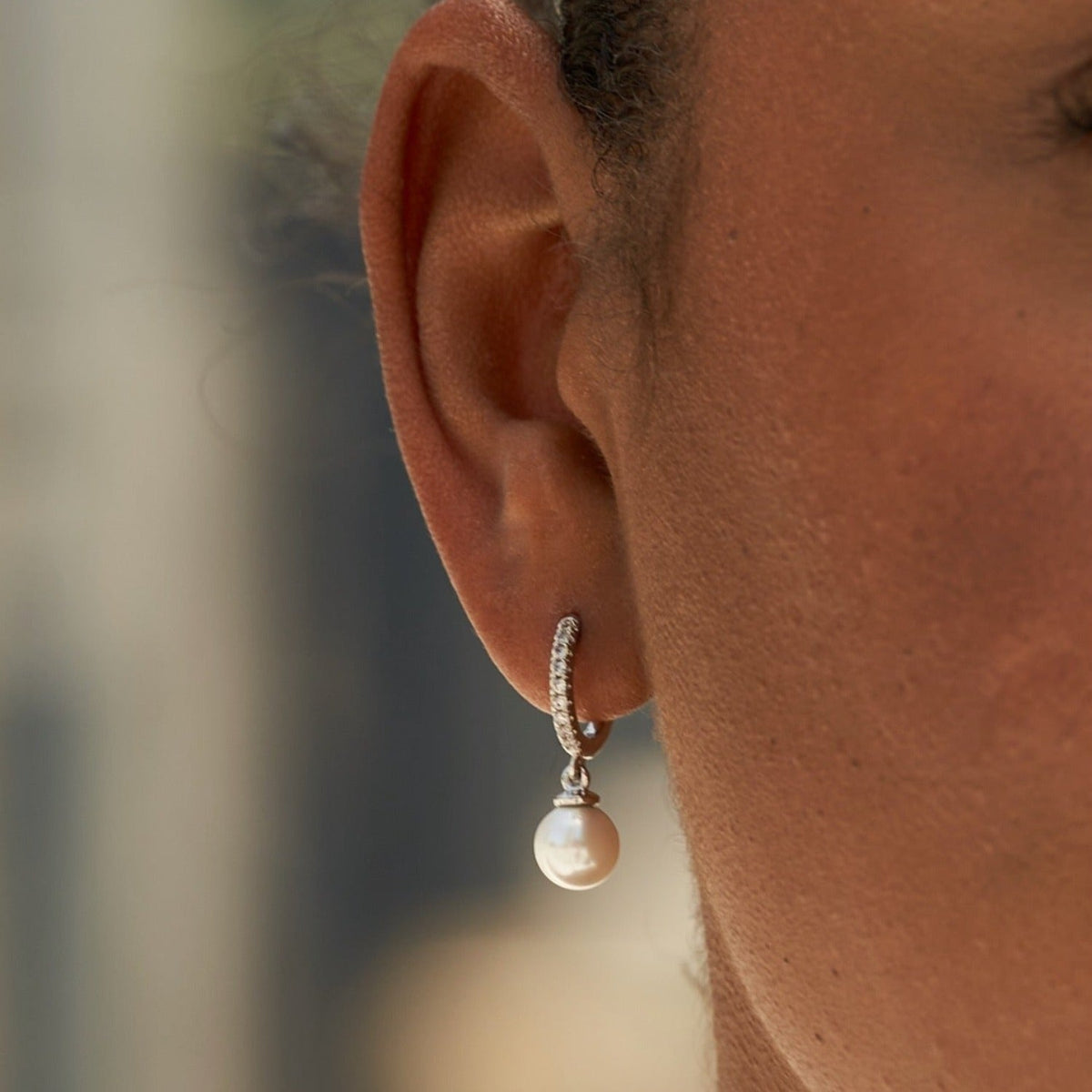 GLD Pave Extra Small Huggie Hoop Pearl Drop Earrings in White Gold