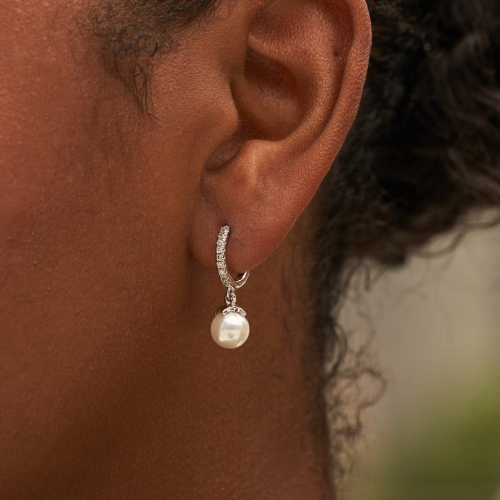 GLD Pave Extra Small Huggie Hoop Pearl Drop Earrings in White Gold