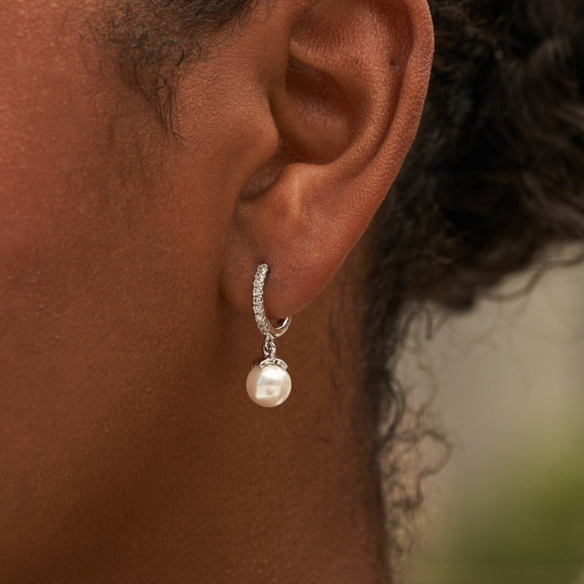 GLD Pave Extra Small Huggie Hoop Pearl Drop Earrings in White Gold