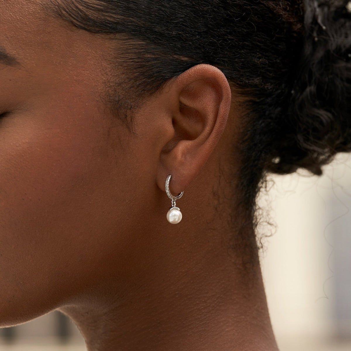 GLD Pave Extra Small Huggie Hoop Pearl Drop Earrings in White Gold