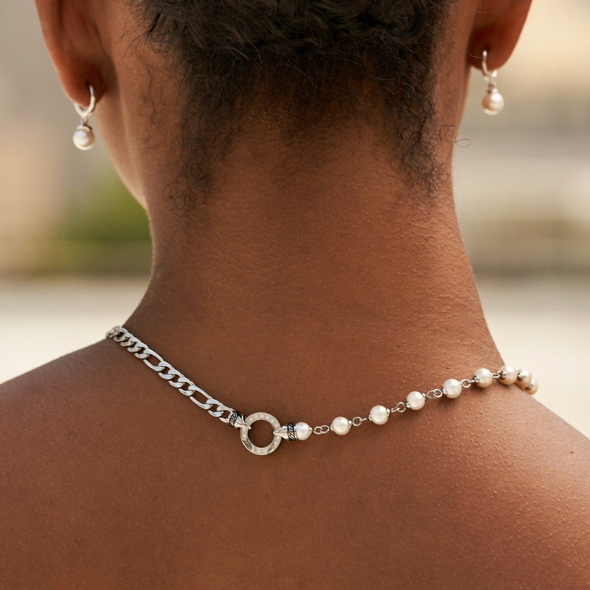 Figaro Chain + Pearl Necklace in White Gold