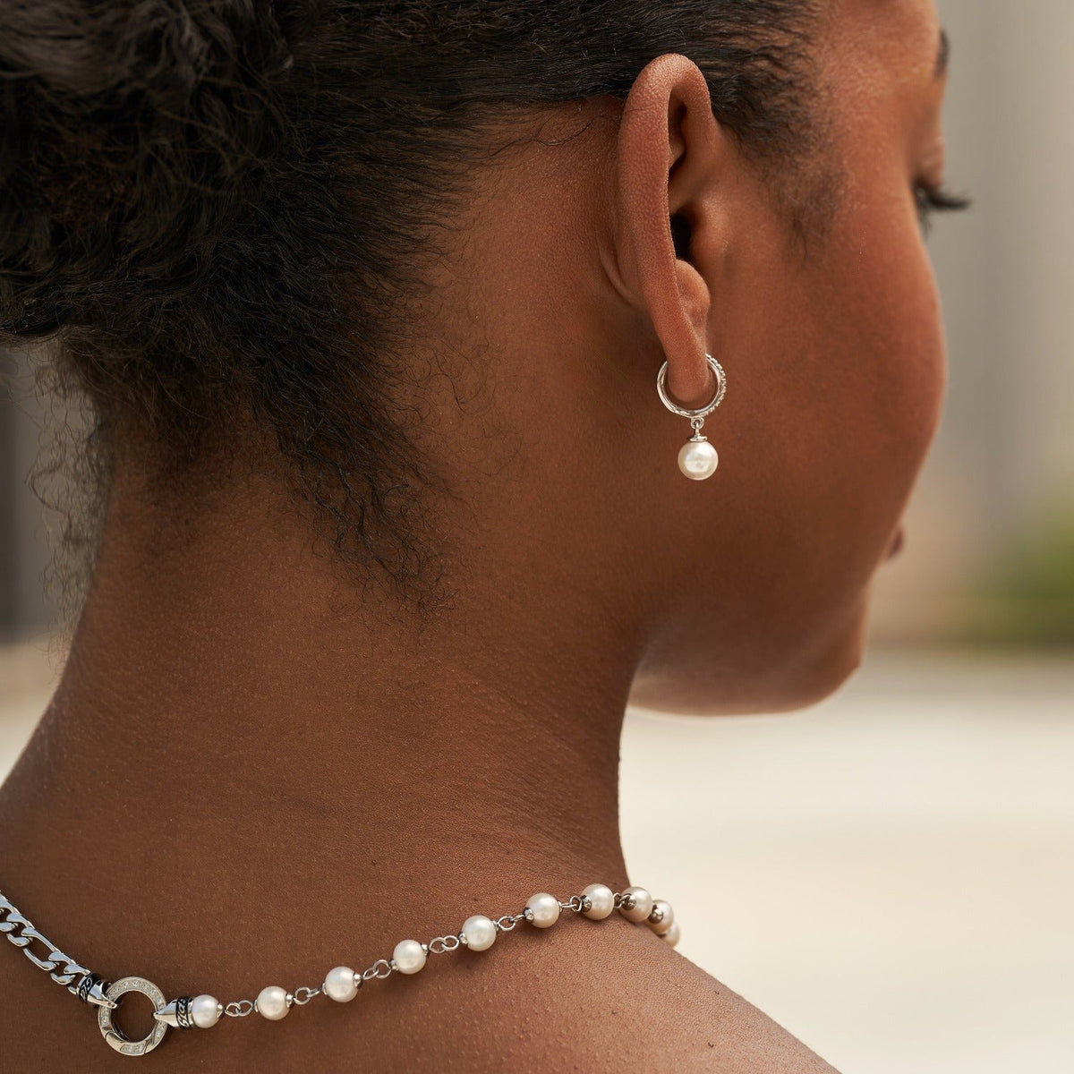 GLD Pave Extra Small Huggie Hoop Pearl Drop Earrings in White Gold