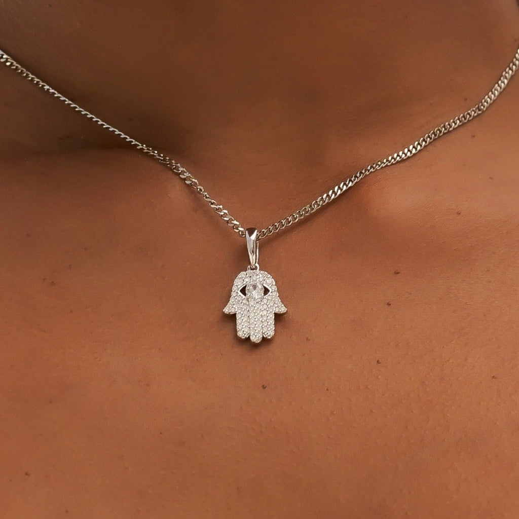 Micro Iced Hamsa Pendant in White Gold