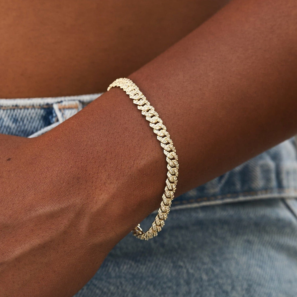 GLD Micro Diamond Prong Cuban Bracelet in Yellow Gold - 6mm