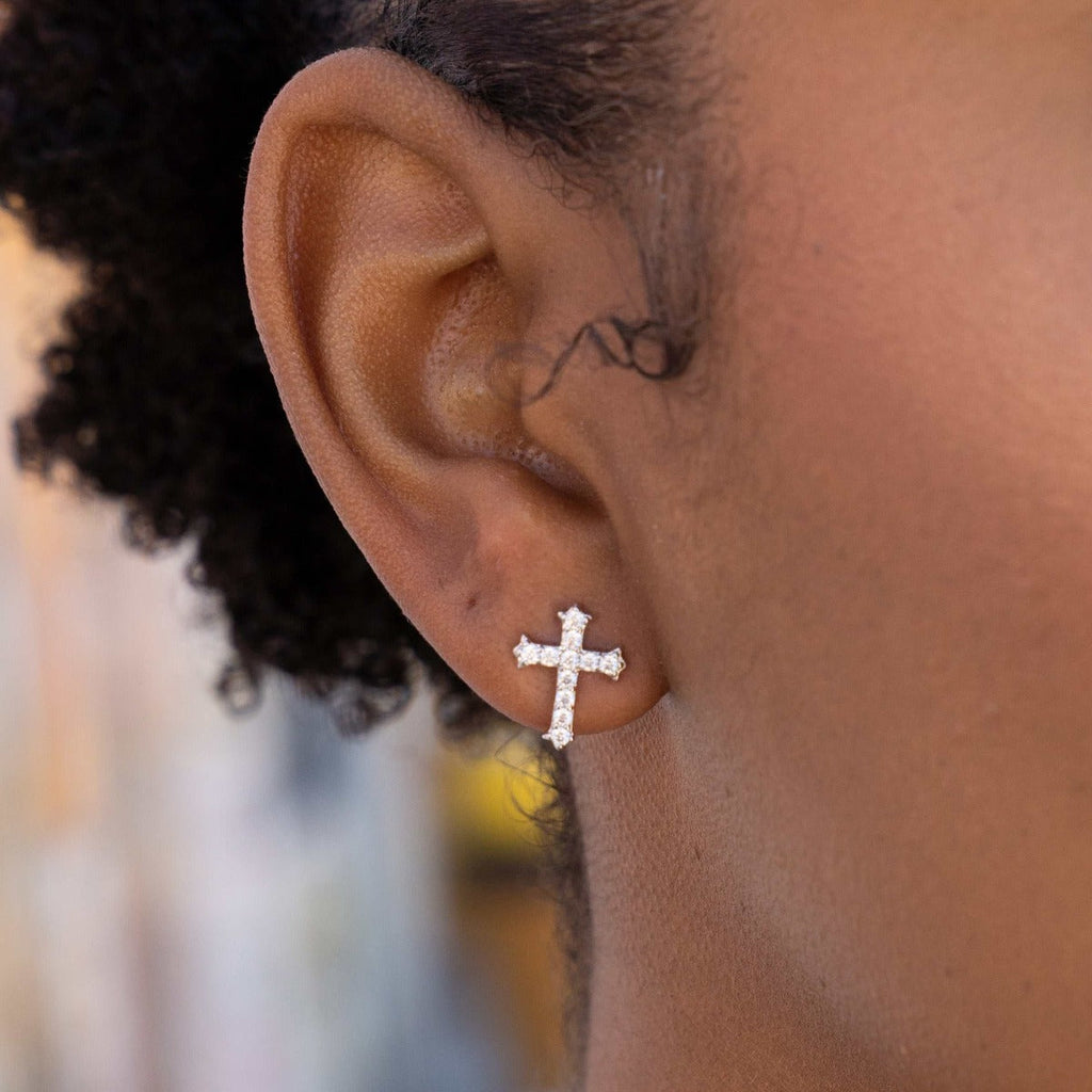 GLD Micro Cross Stud Earrings in White Gold