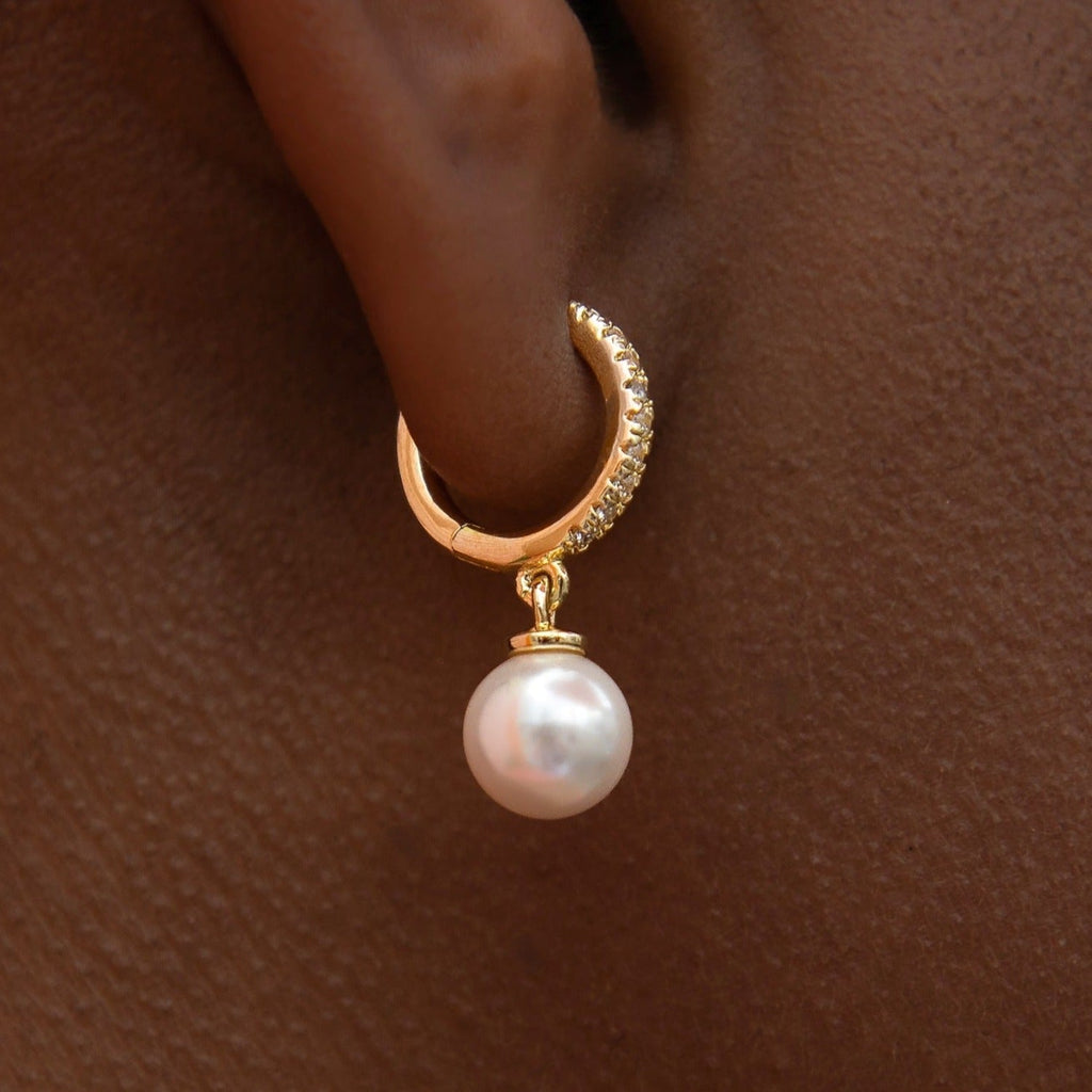 Pave Extra Small Huggie Hoop Pearl Drop Earrings in Yellow Gold