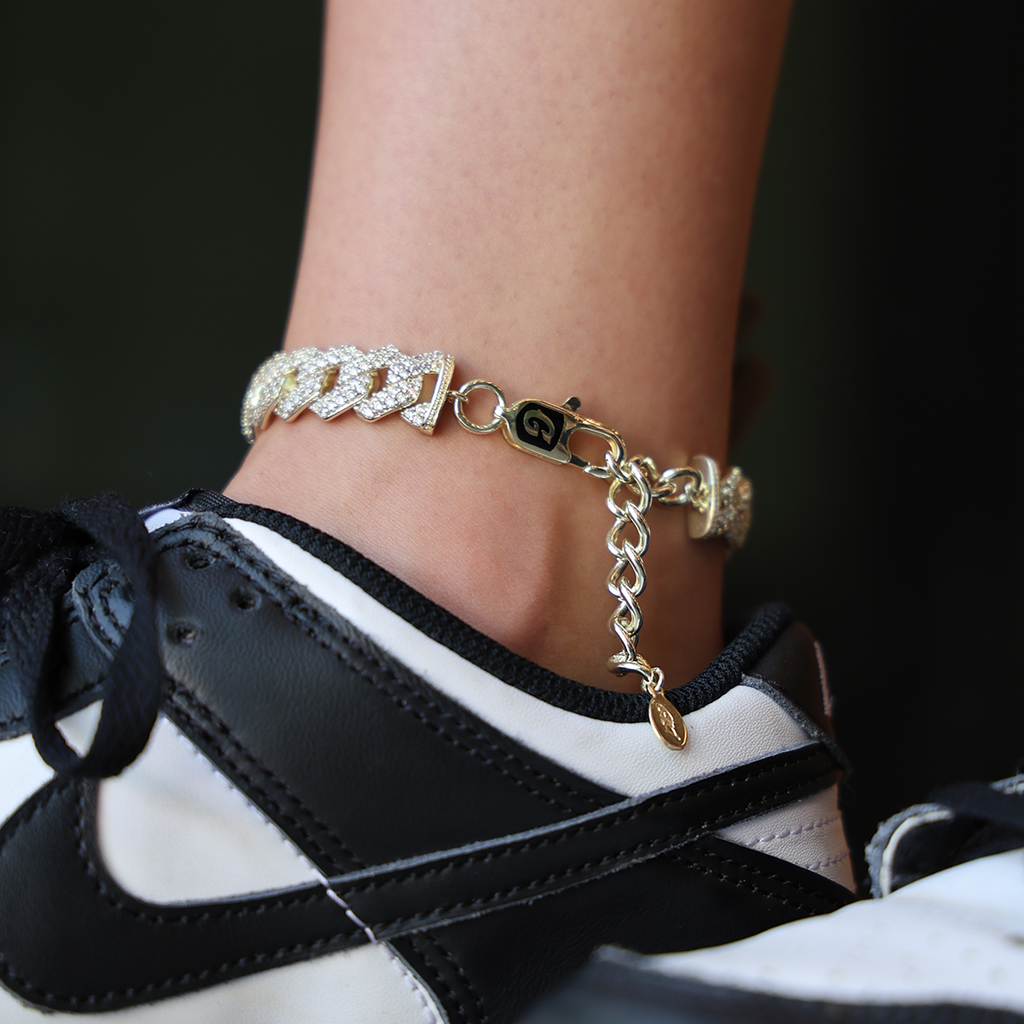 Diamond Prong Cuban Anklet in Yellow Gold- 12mm