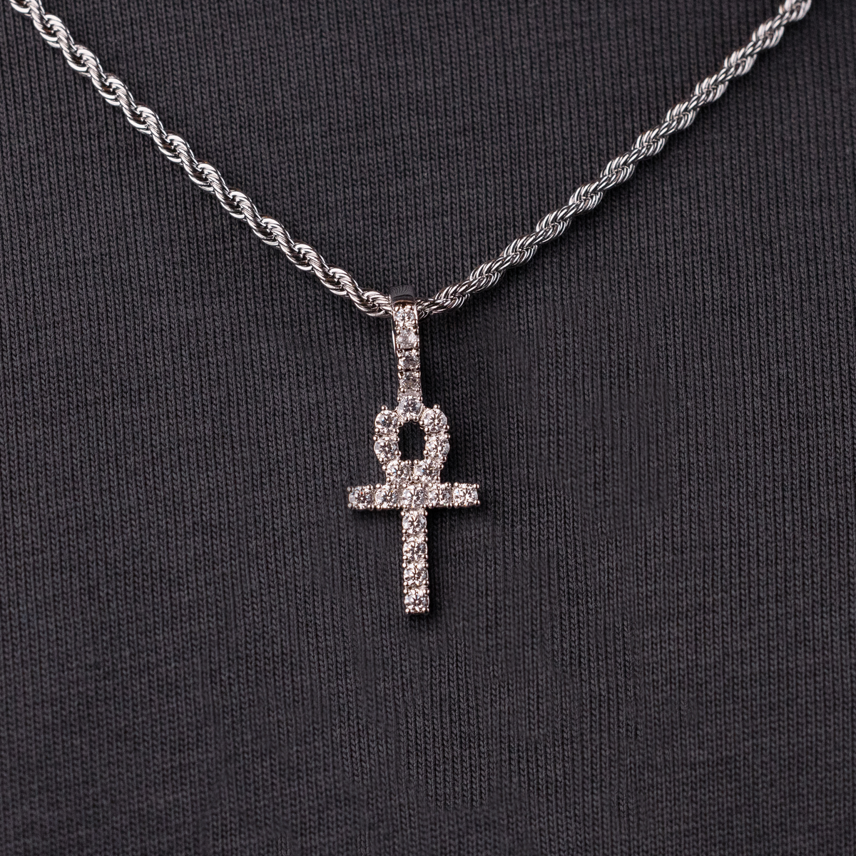 Micro Iced Ankh Cross Pendant in White Gold