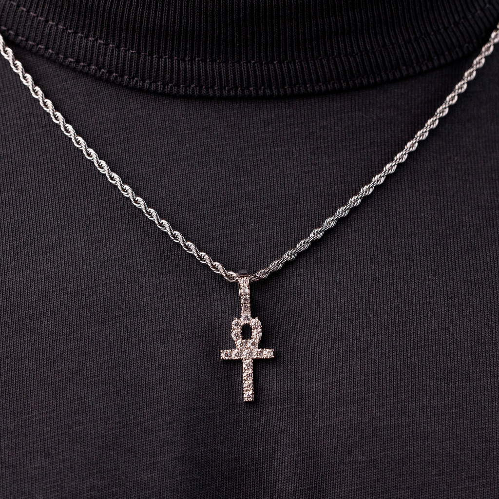 Micro Iced Ankh Cross Pendant in White Gold