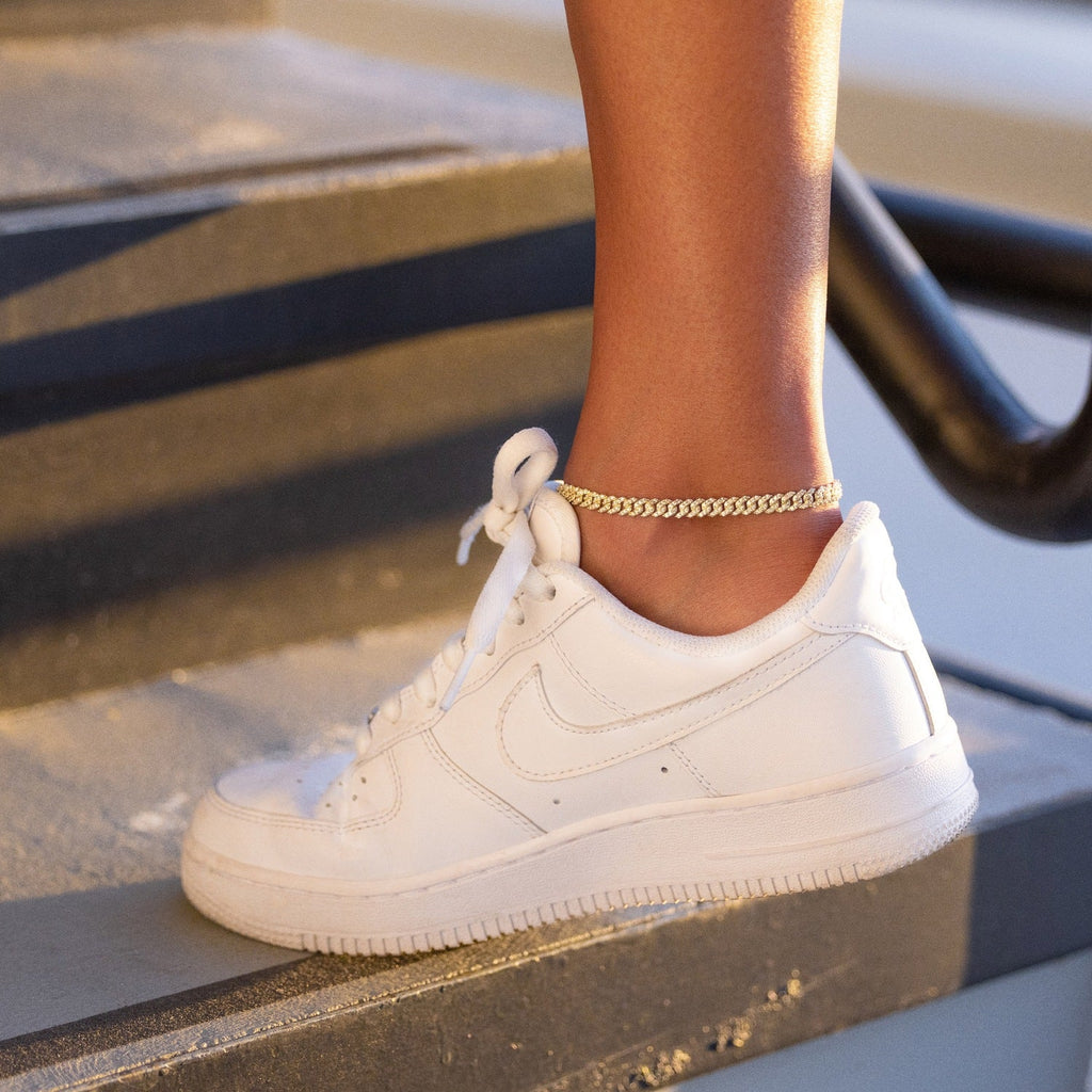 Micro Diamond Prong Cuban Anklet in Yellow Gold - 6mm