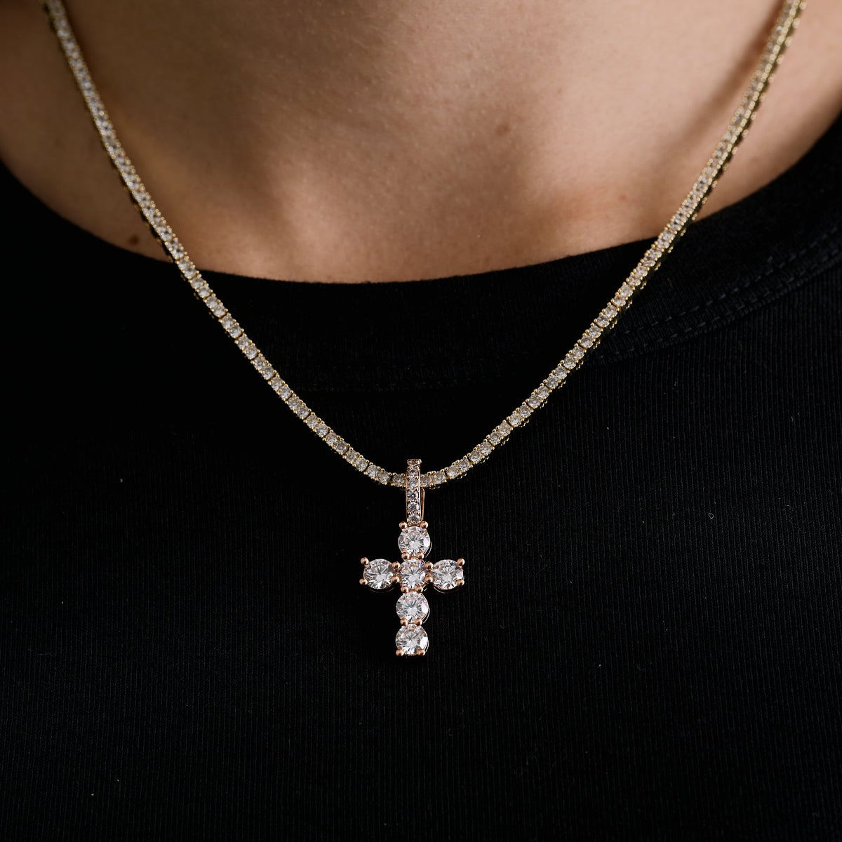 Micro Iced Round Cross Pendant in Rose Gold