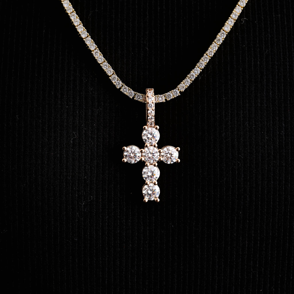 Micro Iced Round Cross Pendant in Rose Gold