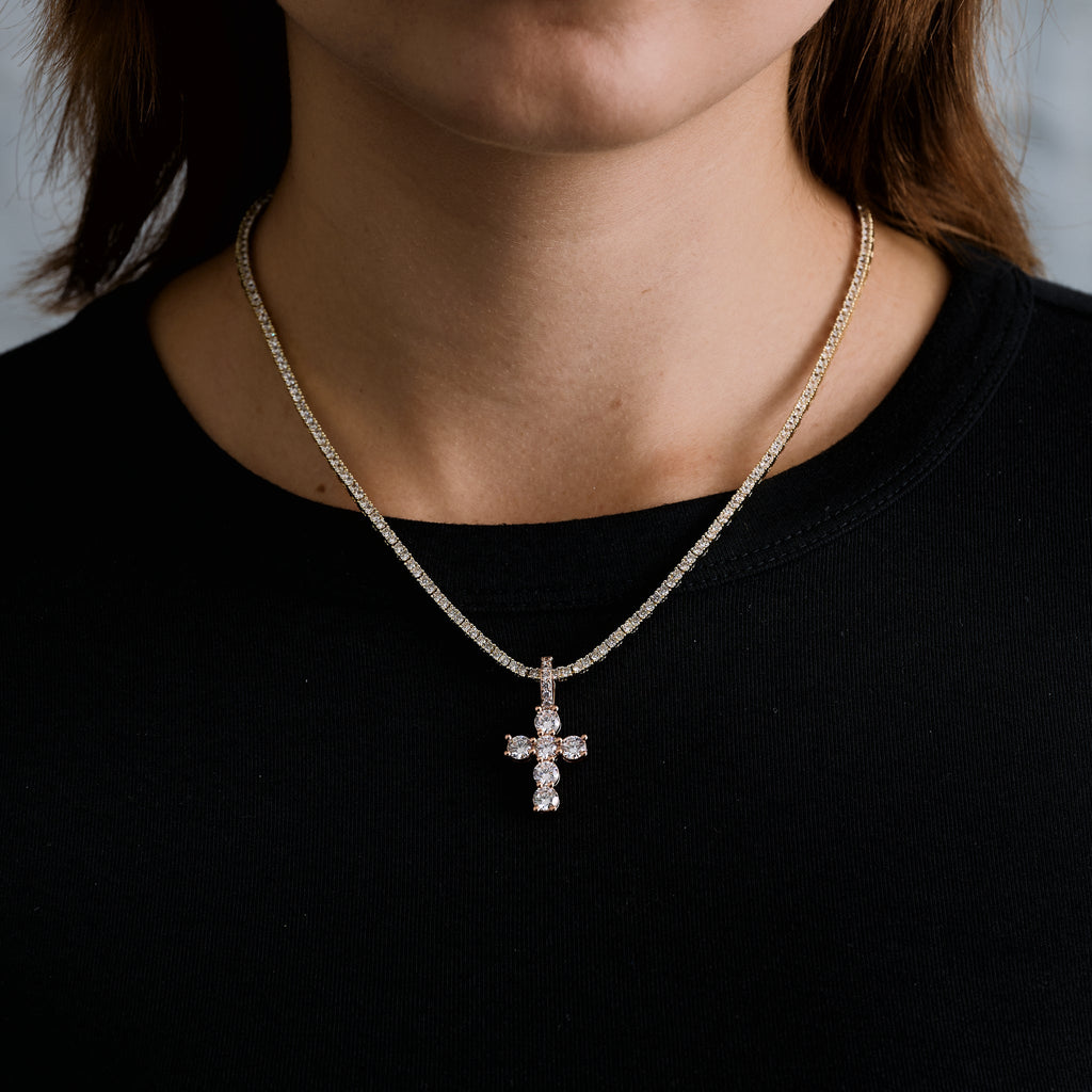 Micro Iced Round Cross Pendant in Rose Gold