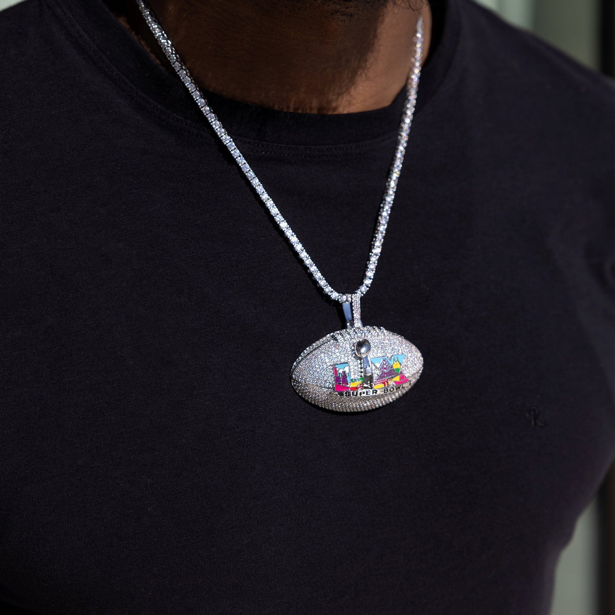 Iced Super Bowl LX Official NFL Football Pendant in White Gold