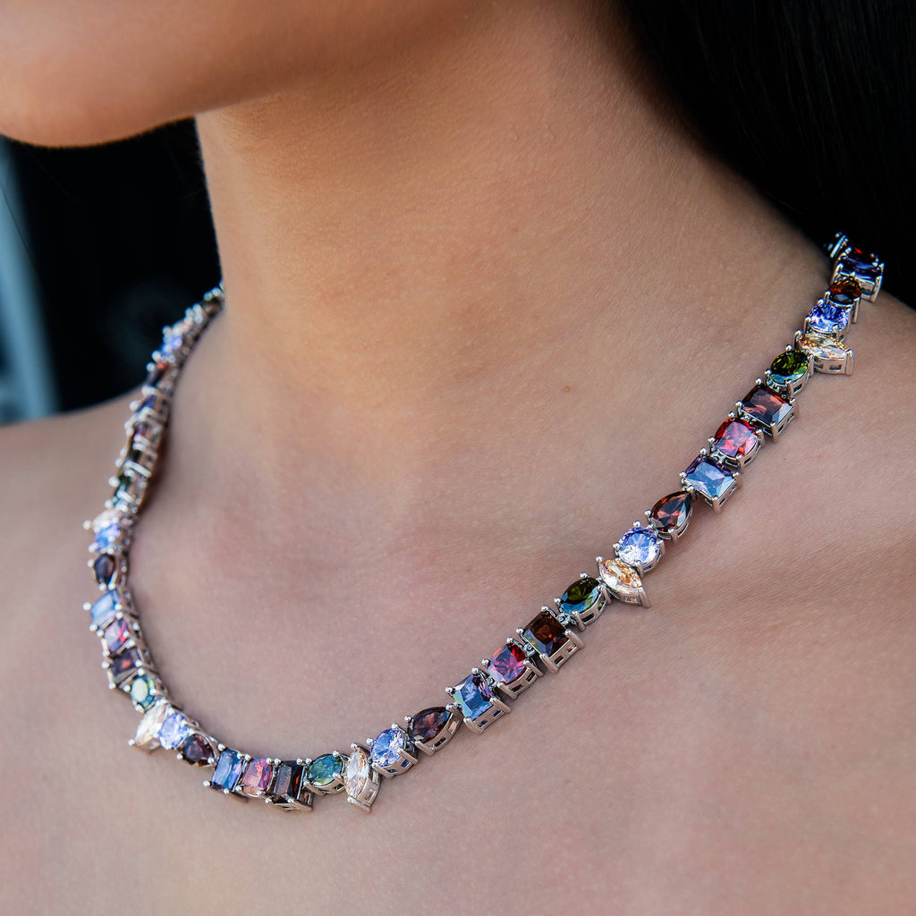 Floating Orange Multicolor Stone Necklace in White Gold