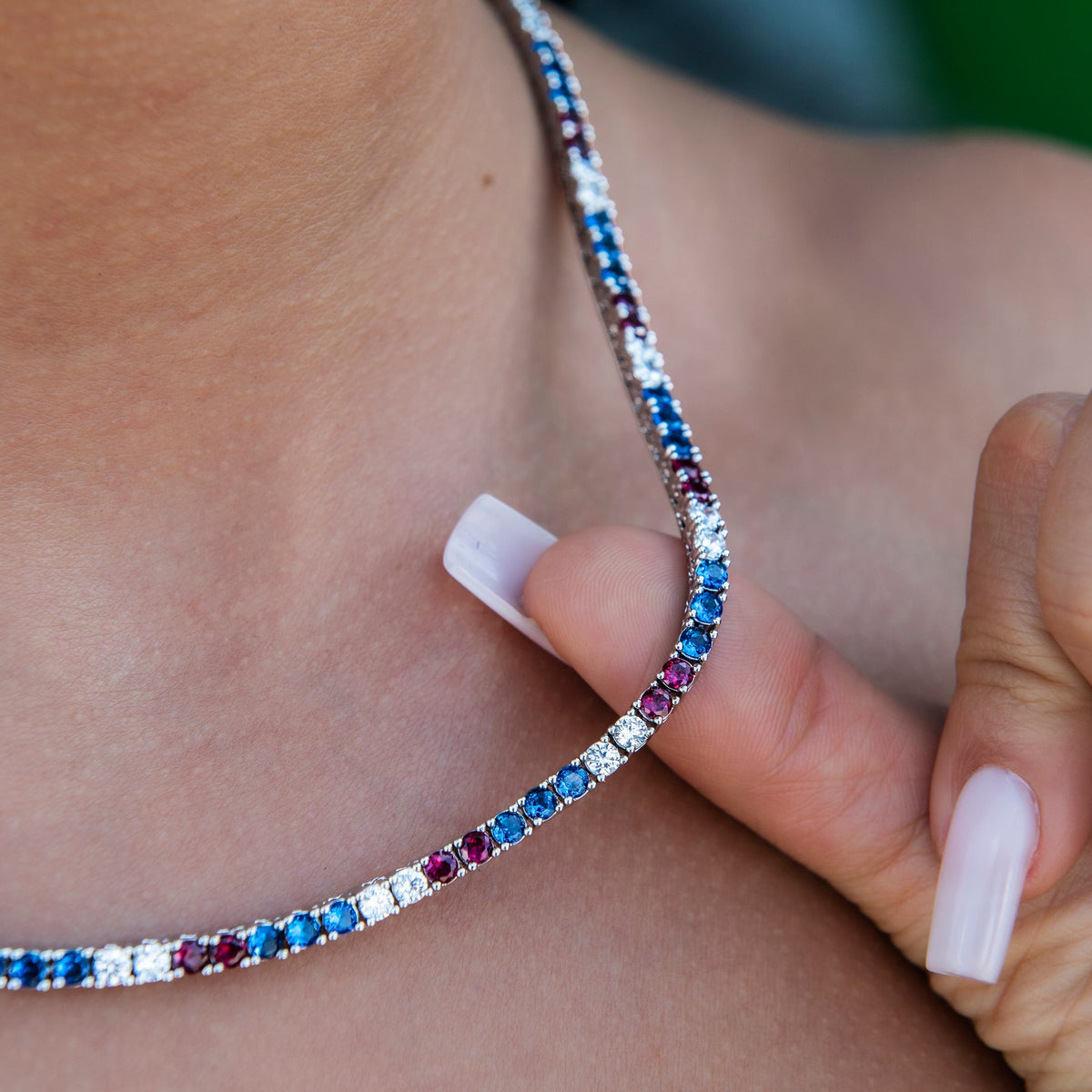 3MM Diamond Tennis Necklace - Royal Blue Red White