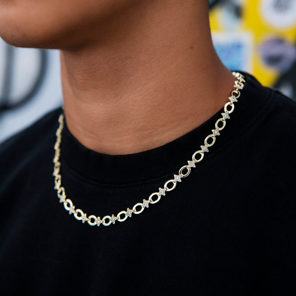 Iced Star Cable Link Chain - Yellow Gold