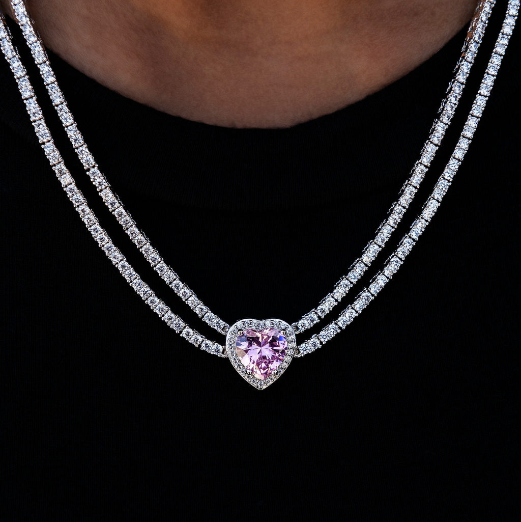 Pink Heart Diamond Double Row Tennis Necklace in White Gold