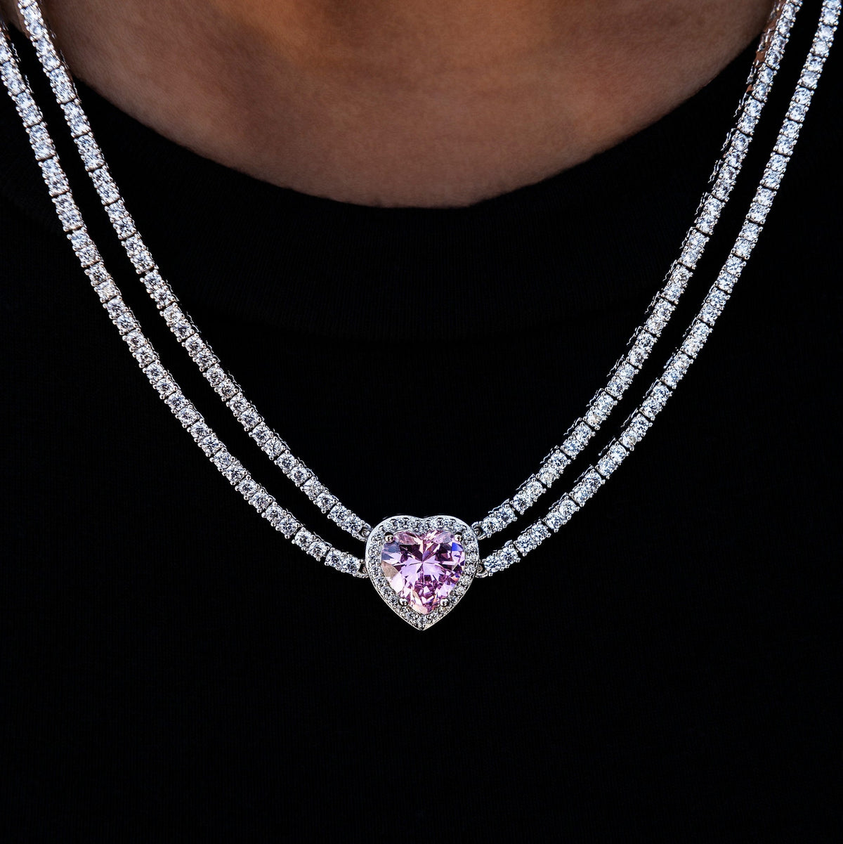 Pink Heart Diamond Double Row Tennis Necklace in White Gold