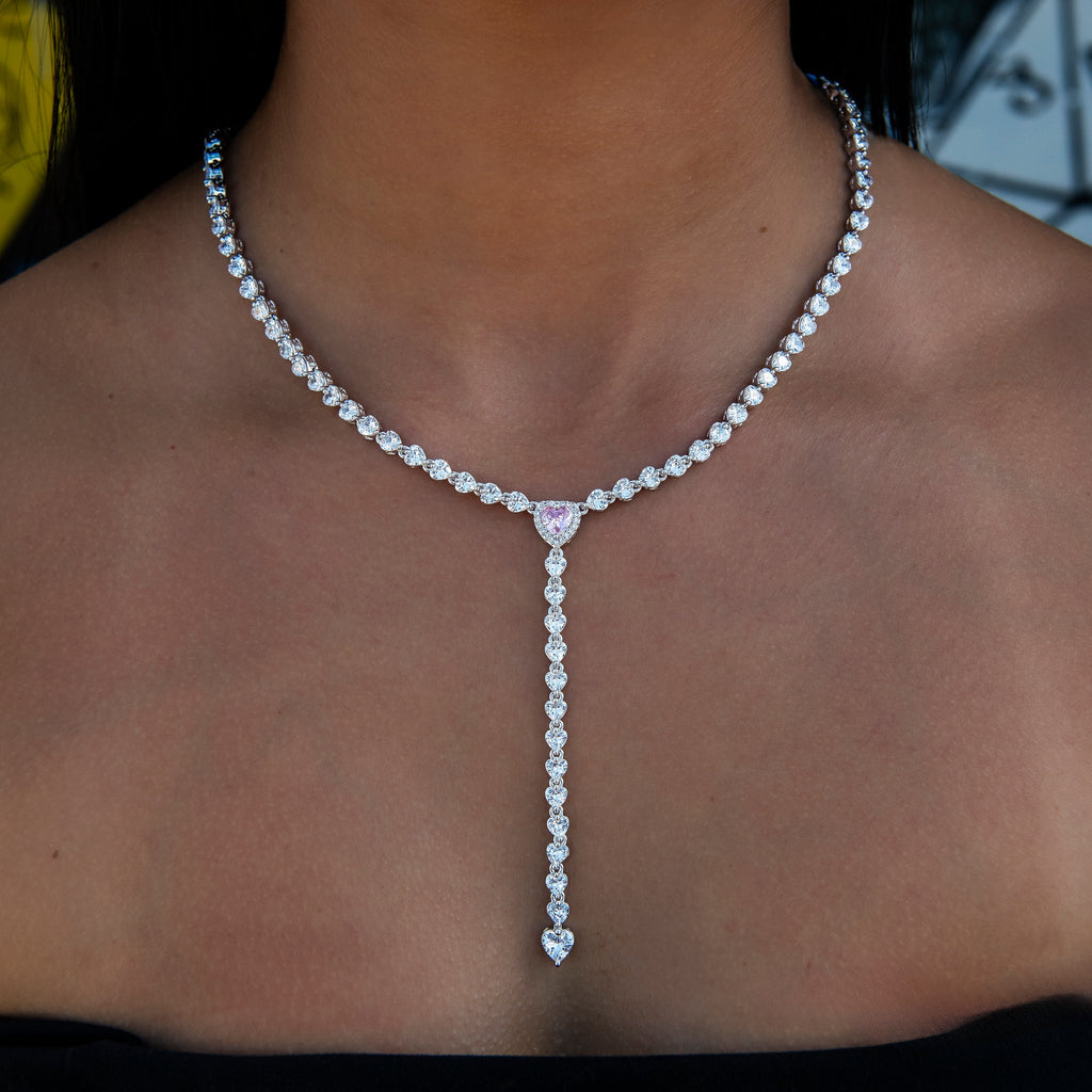 Pink Heart Lariat Necklace in White Gold