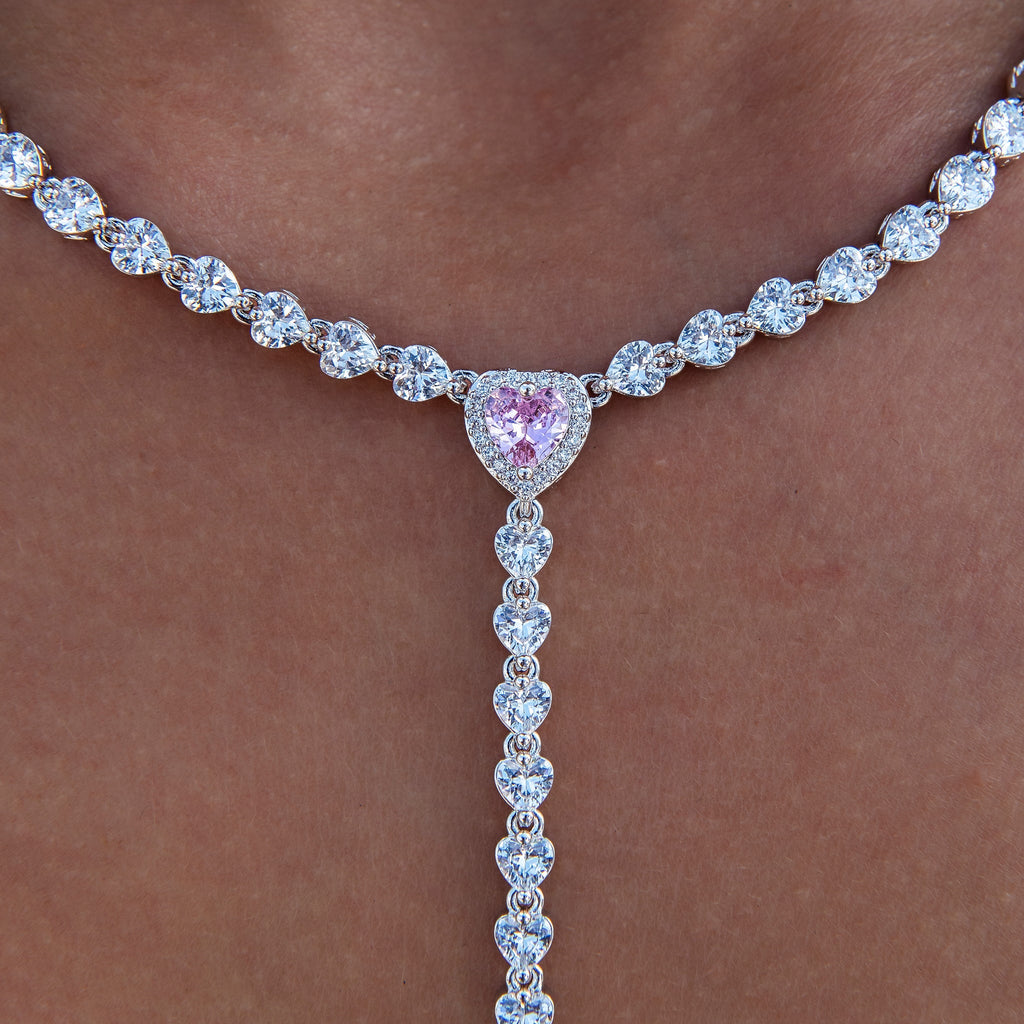 Pink Heart Lariat Necklace in White Gold