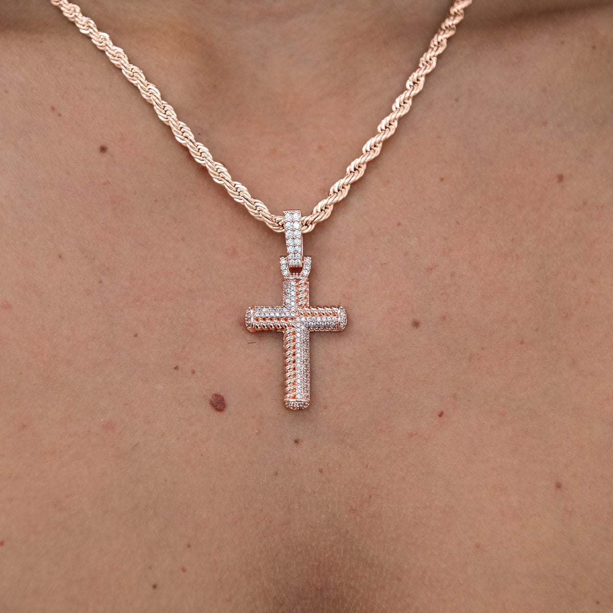 Iced Rope Mix Cross Pendant in Rose Gold