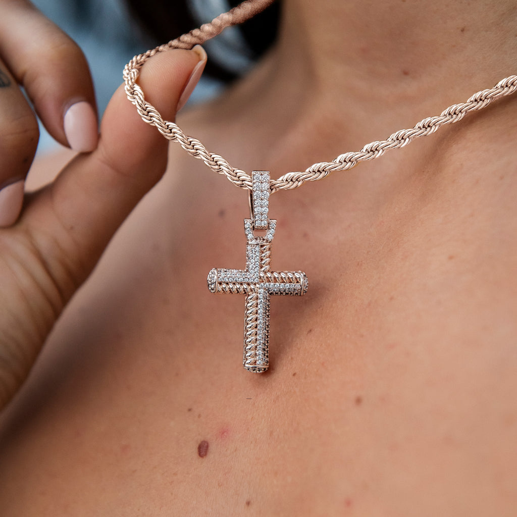 Iced Rope Mix Cross Pendant in Rose Gold