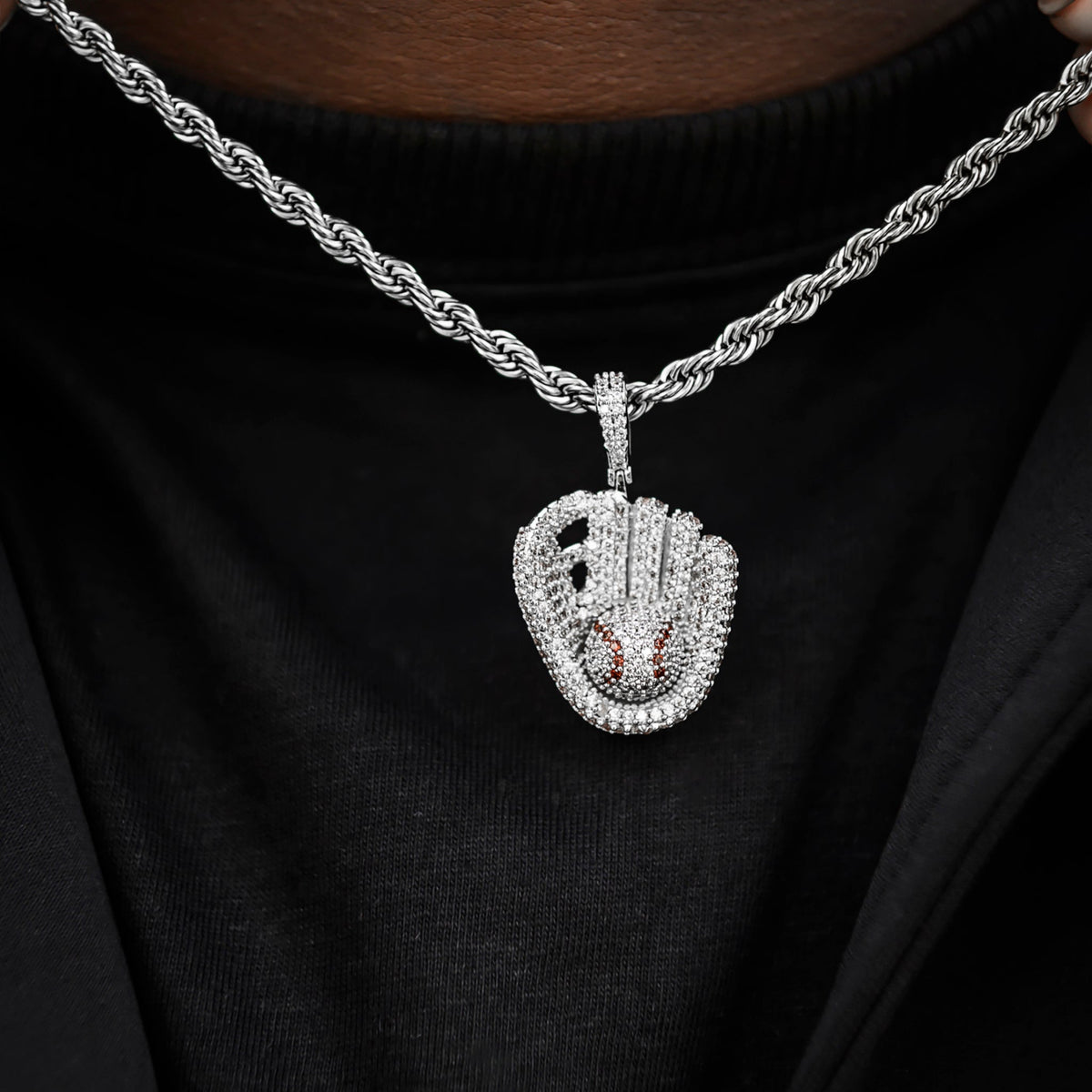 Iced Baseball Pendant in White Gold