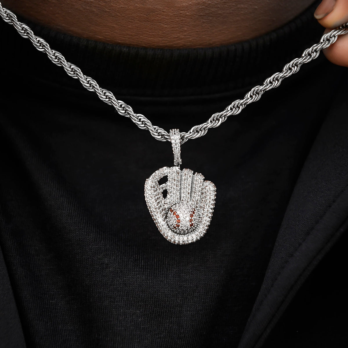 Iced Baseball Pendant in White Gold