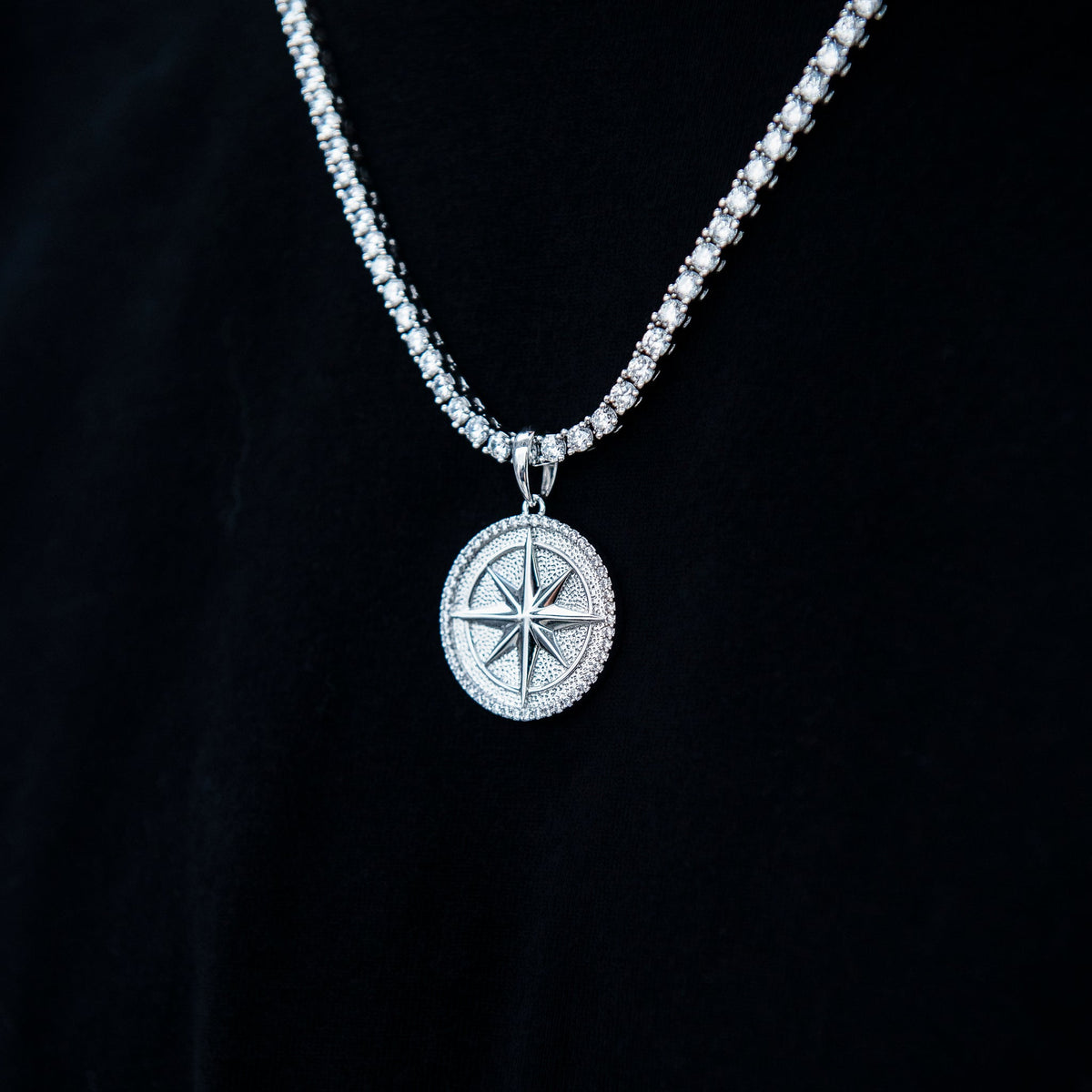 Compass Coin Pendant in White Gold