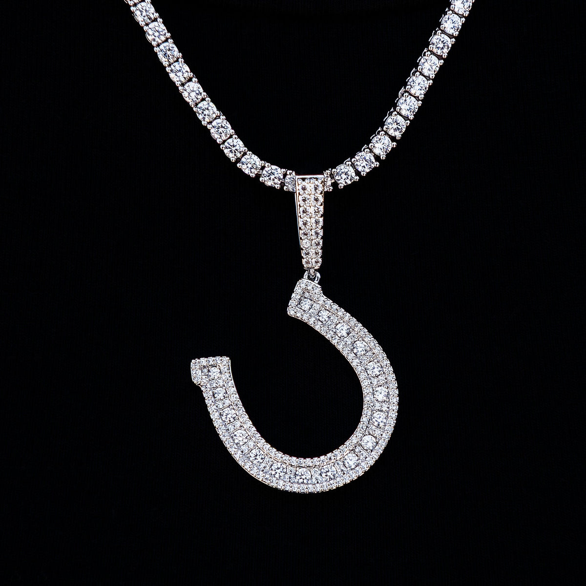 Iced Horseshoe Pendant in White Gold