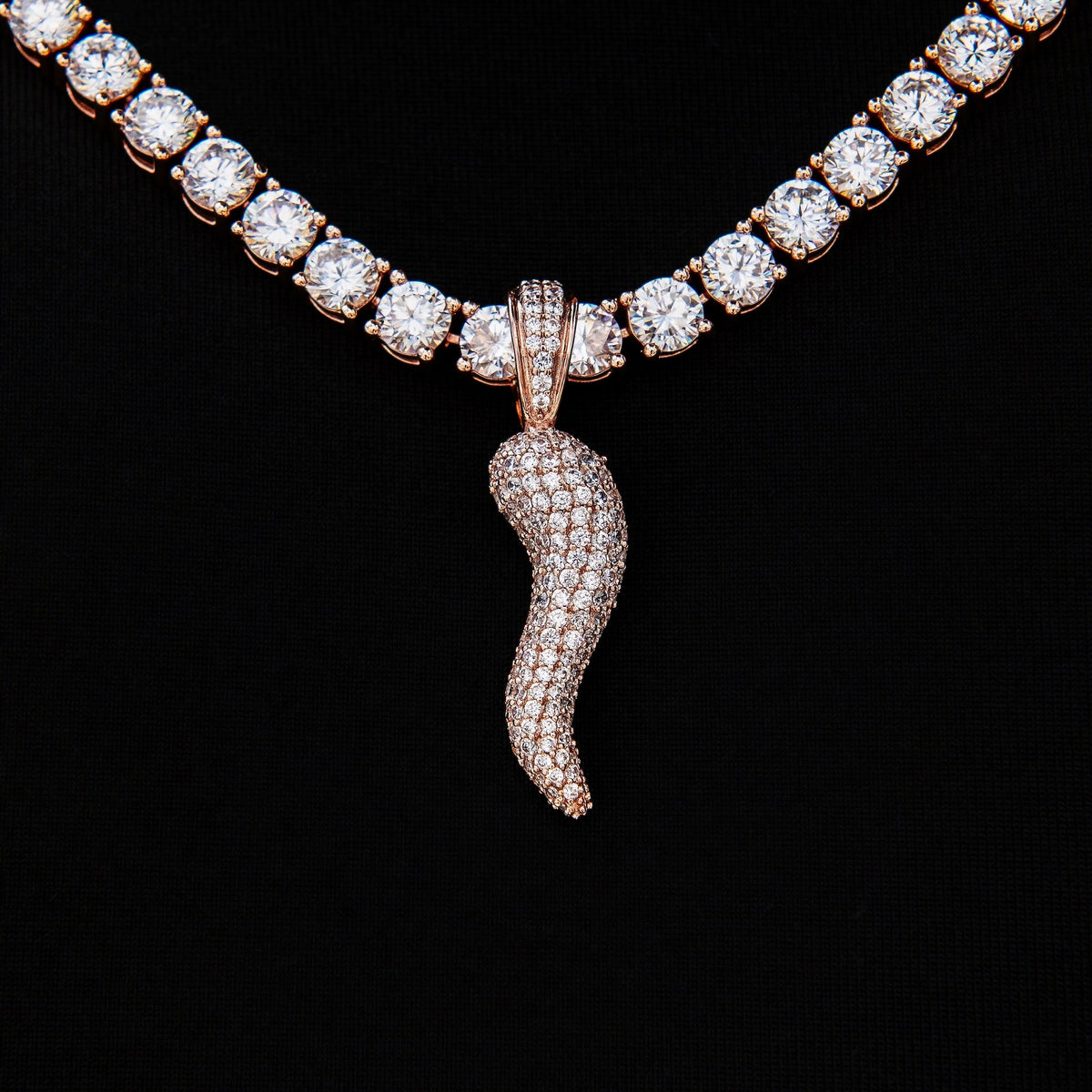 Iced Italian Horn Pendant in Rose Gold