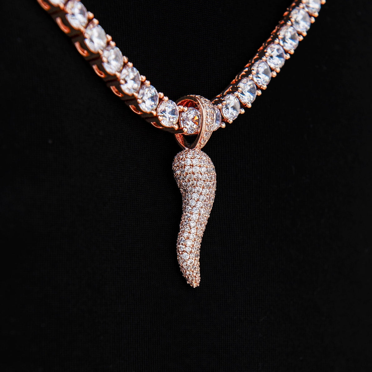 Iced Italian Horn Pendant in Rose Gold