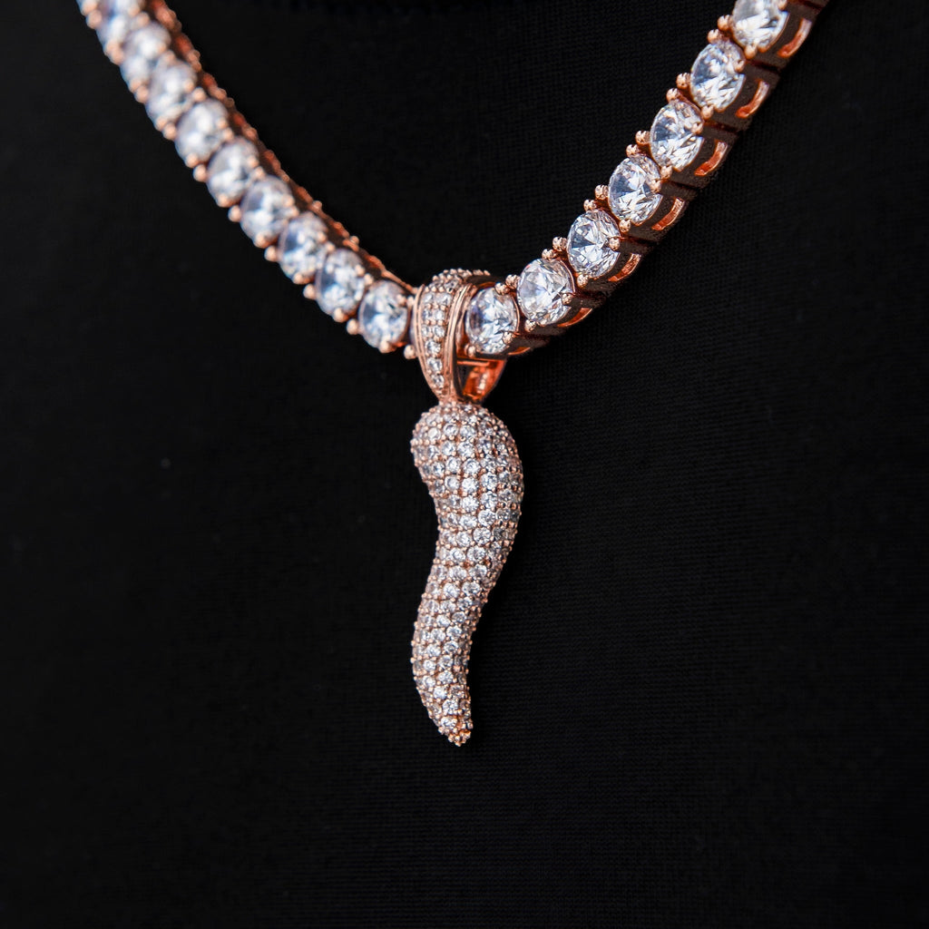 Iced Italian Horn Pendant in Rose Gold
