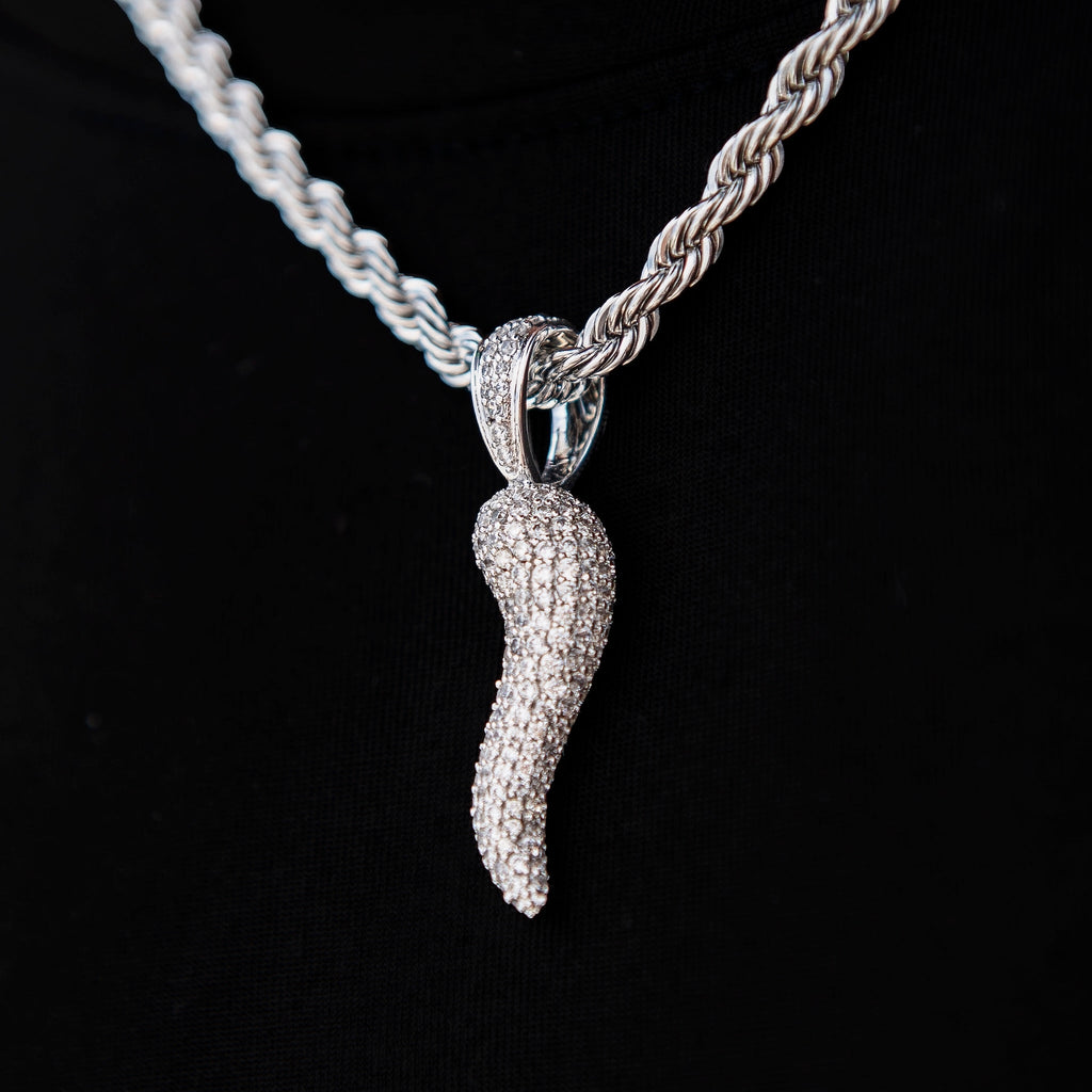 Iced Italian Horn Pendant in White Gold