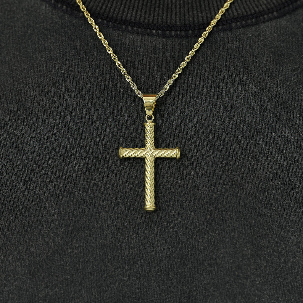 Twisted Rope Cross Pendant + 2MM Rope Necklace Bundle in Yellow Gold