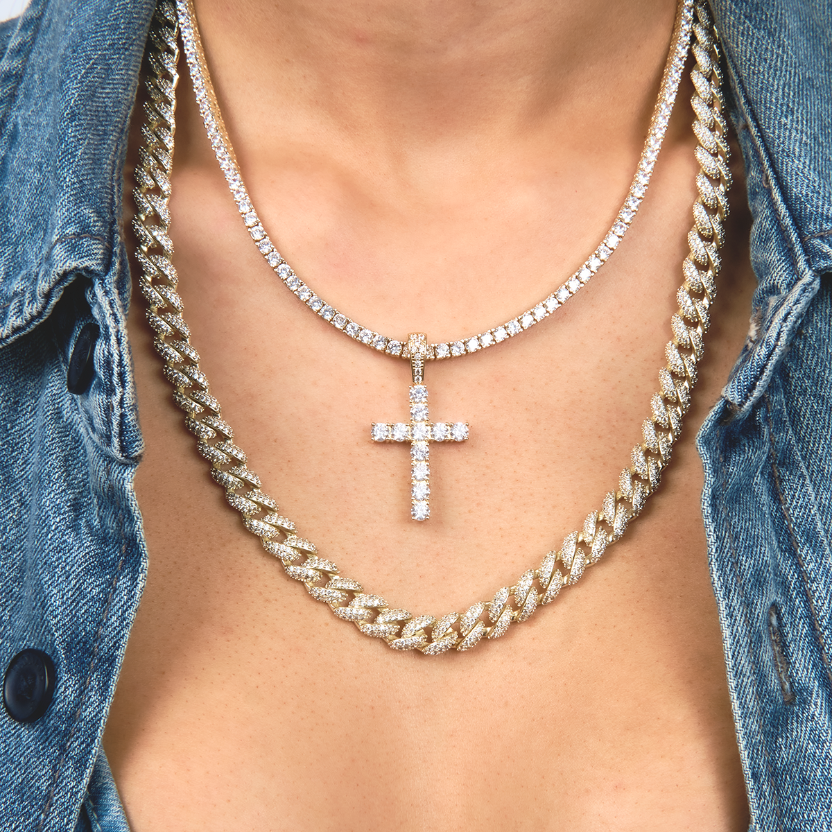 Diamond Tennis and Diamond Cuban Necklaces + Diamond Cross Bundle in Yellow Gold