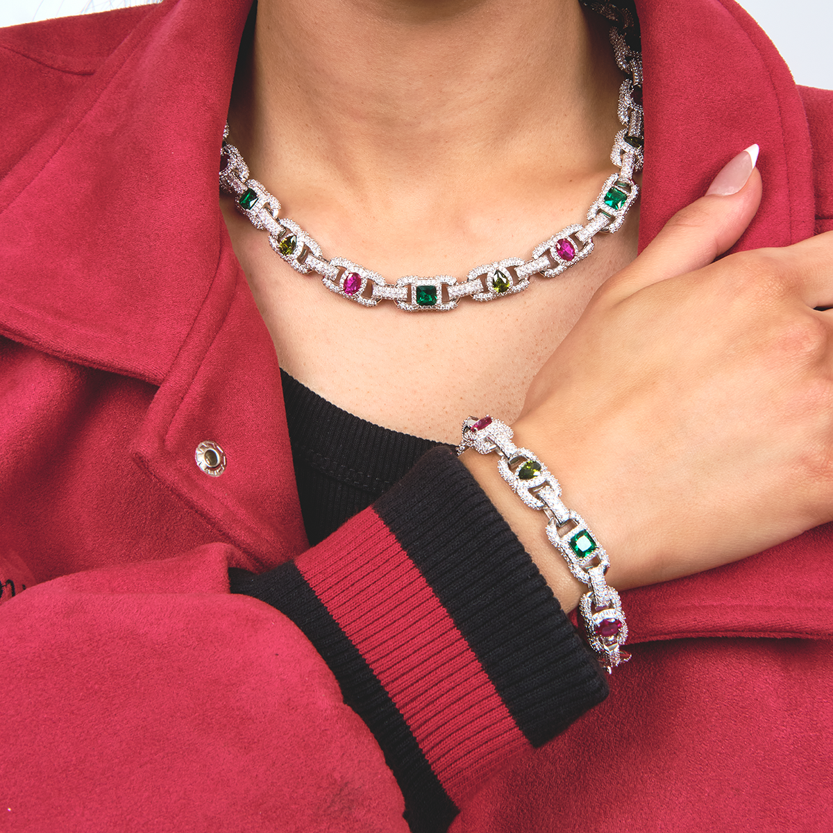 Diamond Multicolor Cluster Mariner Necklace + Bracelet Bundle in White Gold