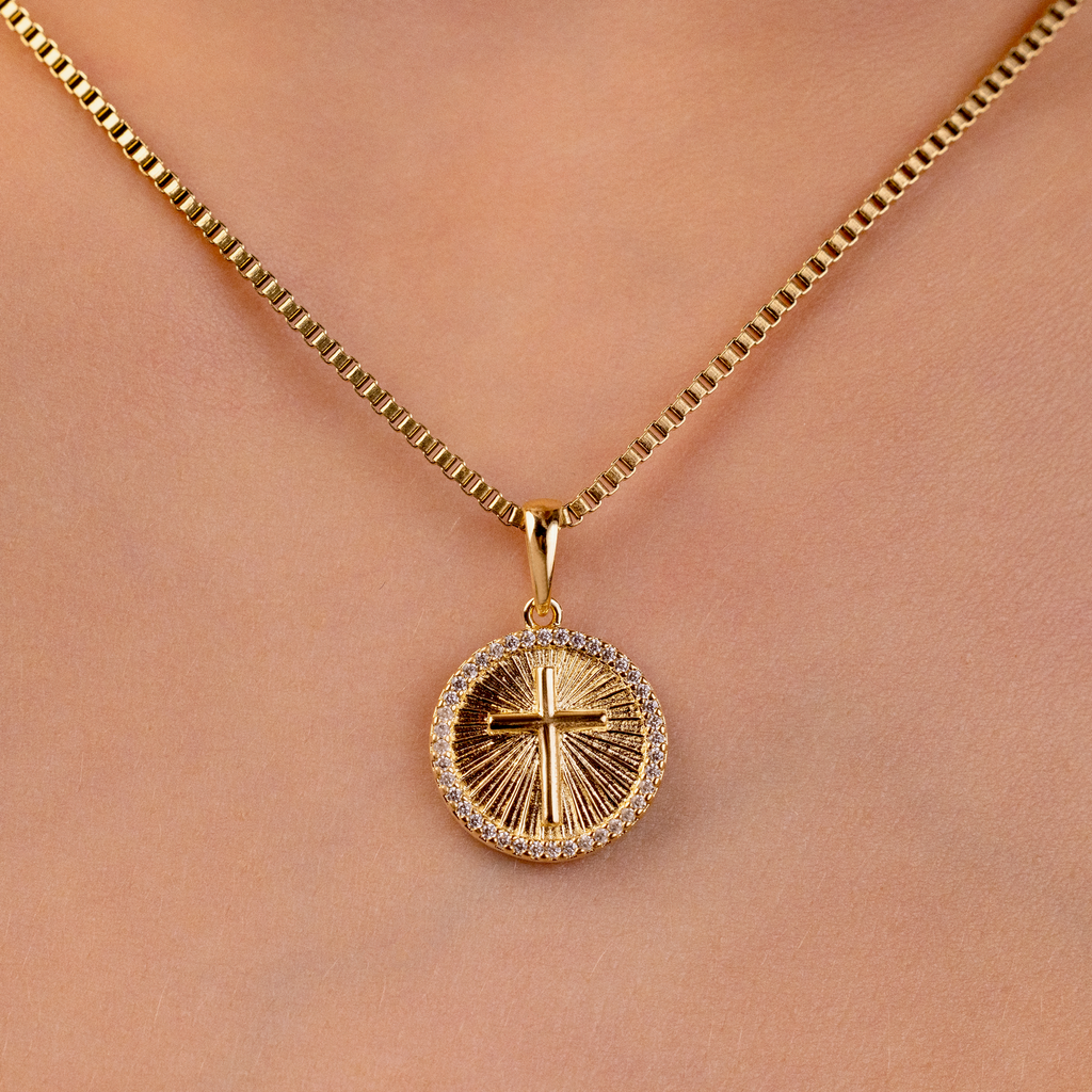 Small Cross Coin Pave Pendant in Gold